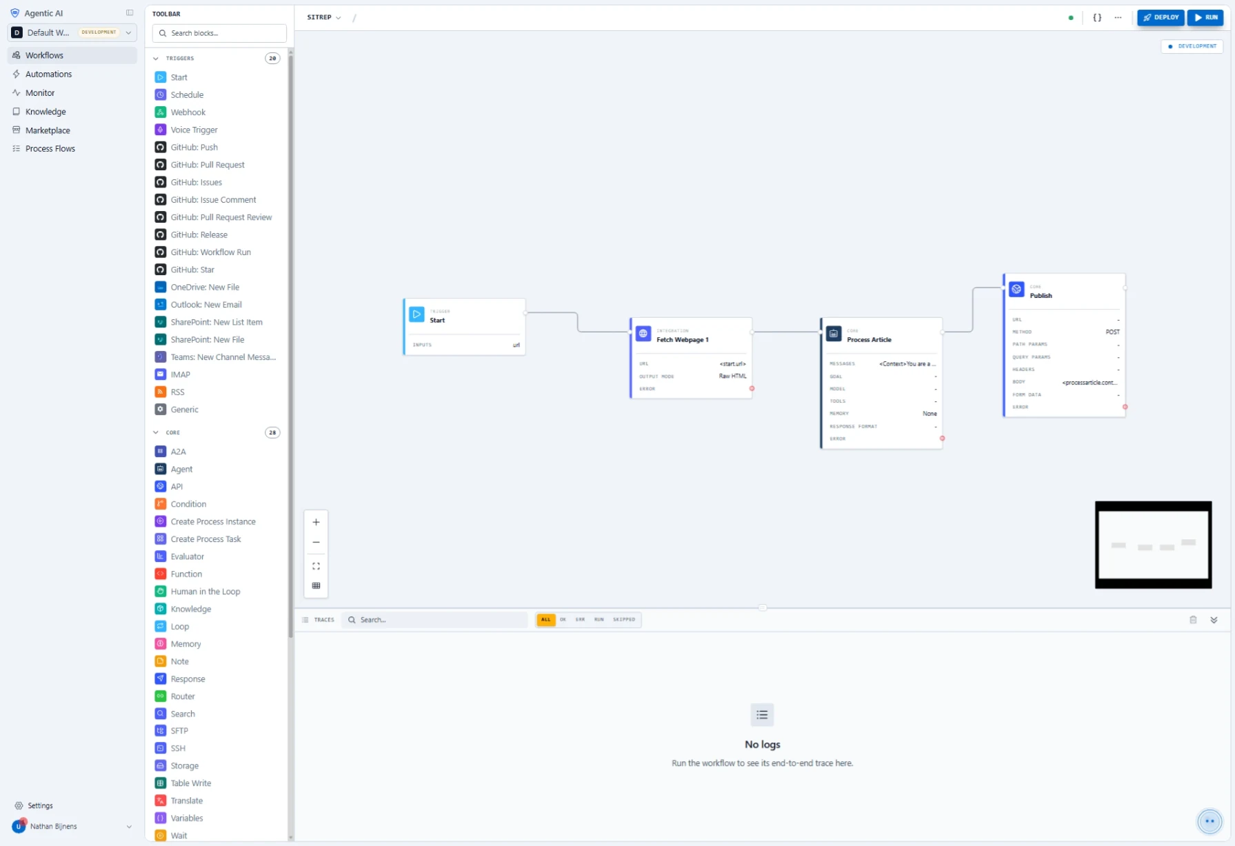 The workflow builder: a palette of triggers (schedule, webhook, e-mail, SharePoint, GitHub, RSS) and core blocks (agent, condition, human in the loop, loop, memory, router, function), and a four-step flow on the canvas — start, fetch a webpage, process the article with an agent, publish the result — with an end-to-end trace panel below.