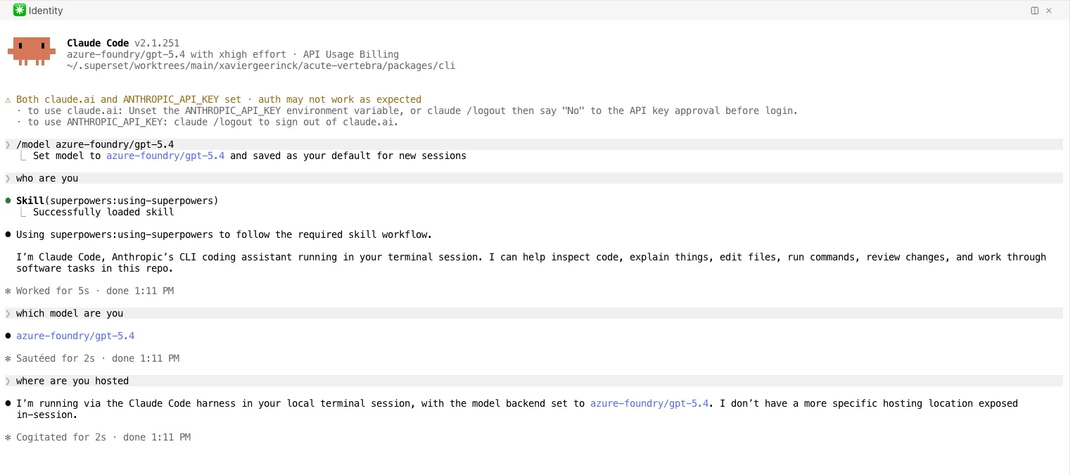 A Claude Code session running against the governed endpoint: the header shows the selected model azure-foundry/gpt-5.4 with API usage billing, the /model command switches the default to it, and the agent answers normally when asked who and which model it is.
