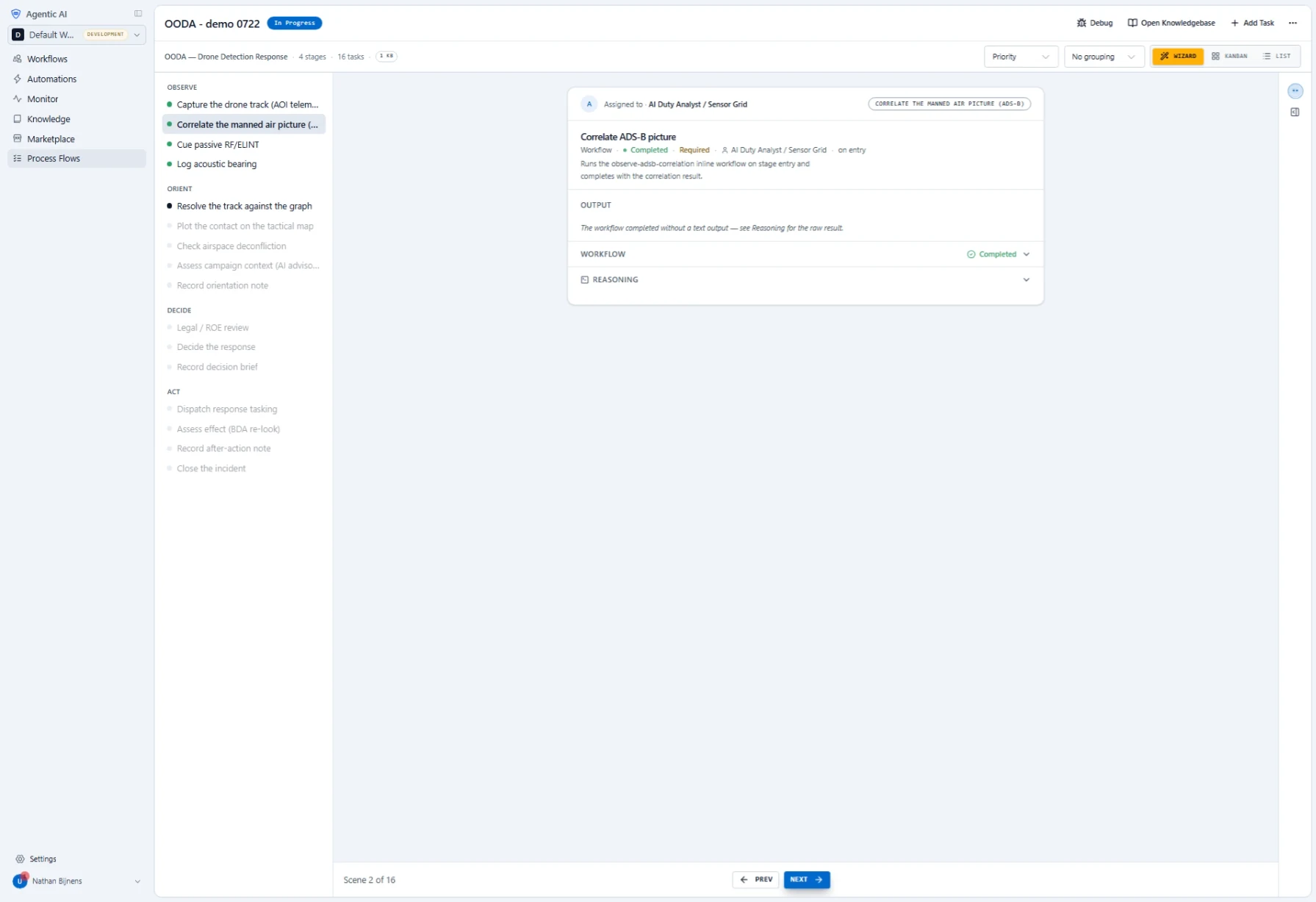 The same process in a guided view: the task list down the left with completed steps marked, and one task open — assigned to an AI duty analyst, marked completed and required, with its output, the workflow that ran, and an expandable reasoning panel.